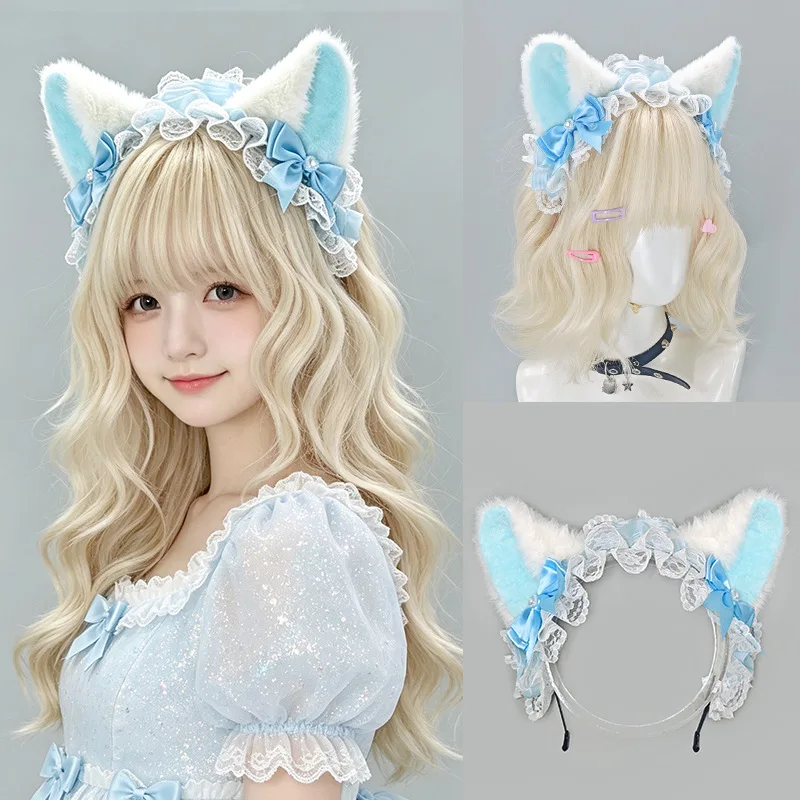 Sweet Plush Cat Ear Lace Headband Ribbon Bow Kawaii Ruffled Hair Accessory Barrettes Masquerade Lolita Cosplay Headpiece