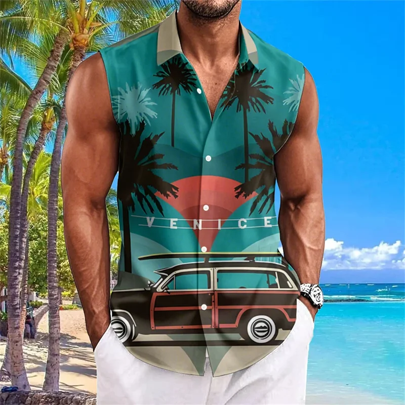 New summer men's comfortable and refreshing sleeveless shirt with 3D coconut tree print, beach casual shirt, Hawaiian shirt.