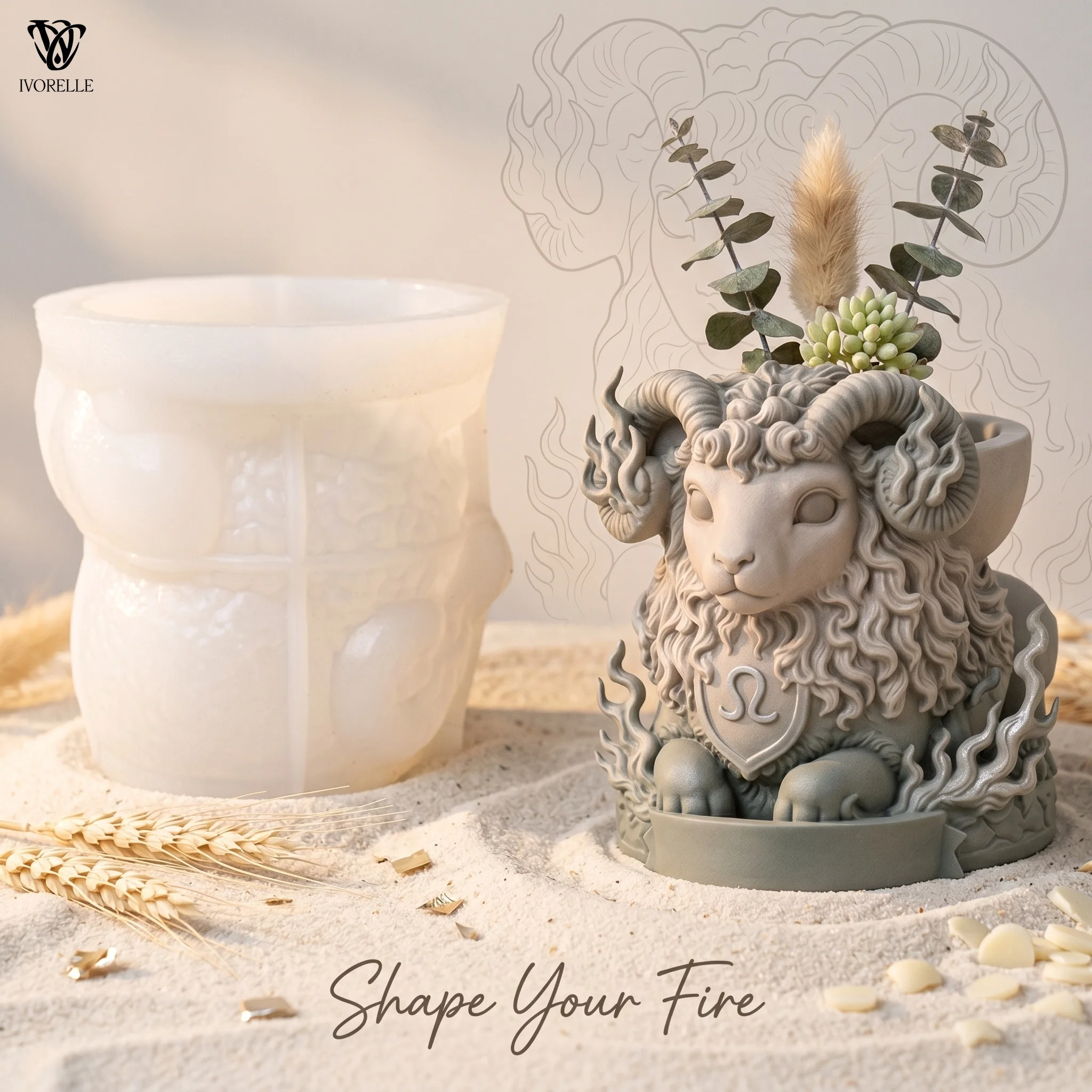 IVORELLE Aries Ram Jar Silicone Mold Curled Horn Flame Relief For Plaster Gypsum Resin Planter Jewelry Box Flower Vase