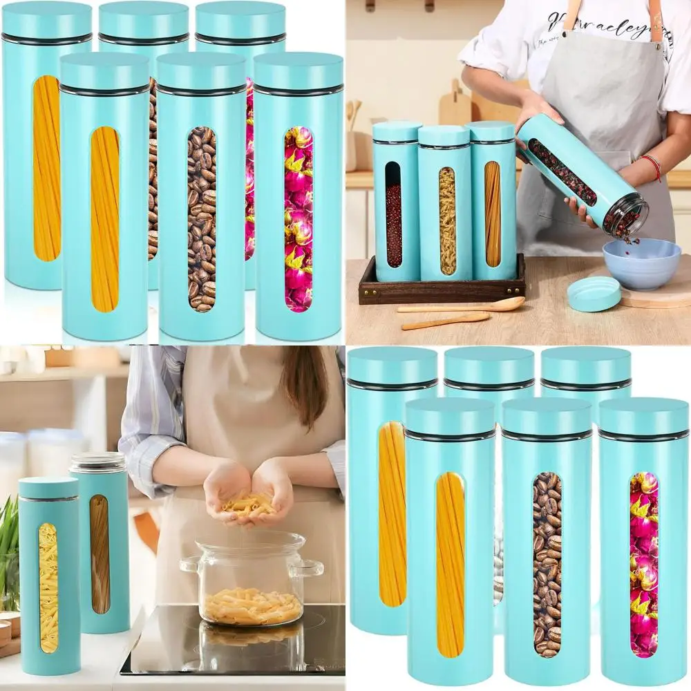 

Набор герметичных кухонных контейнеров из нержавеющей стали со стеклянным окном для кофе, сахара, чая и специй (60 унций, бирюзовый)