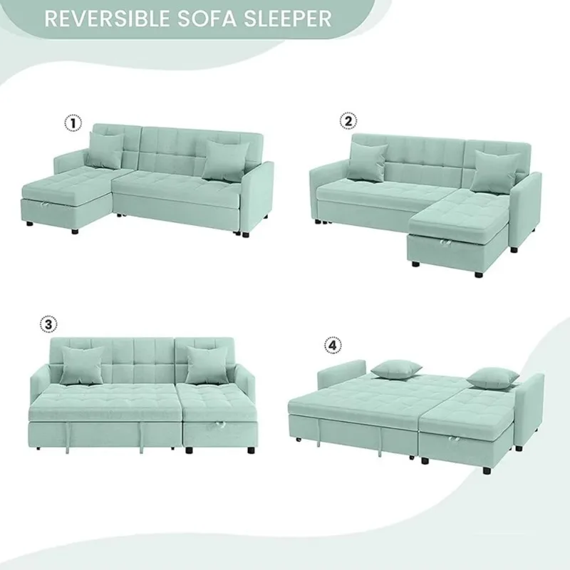 Tufted backrest sofa bed easy to pull out square arm fabric upholstery living room storage wooden frame