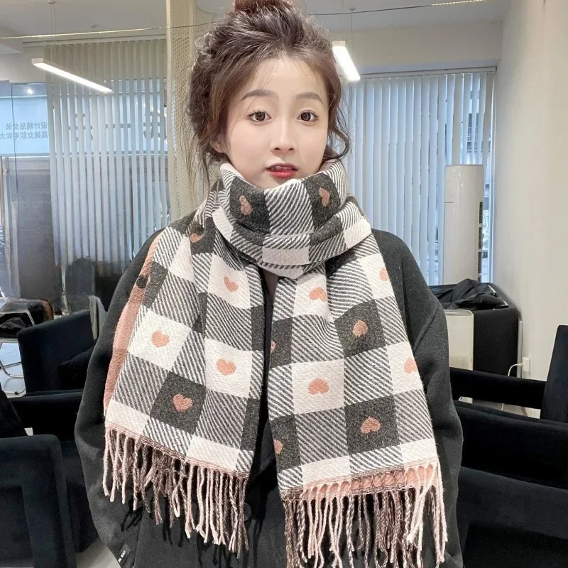 Winter New Double sided love plaid Scarf Women's Double-sided Shawl Imitation Cashmere Retro Foreign Style Fashion All-match