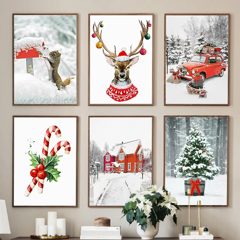 Merry Christmas Dog Elk Christmas Tree Gift Wall Art Canvas Painting Holiday Poster and Print Picture for Living Room Home Decor