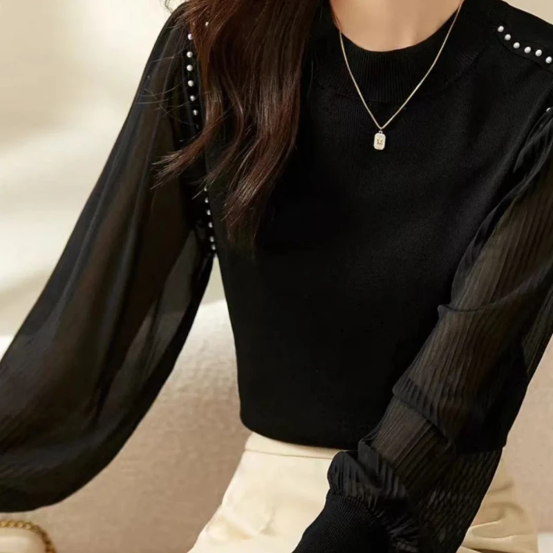 Simplicity office lady Spring autumn new Women\'s Solid O-Neck Gauze Patchwork  fashion lantern sleeve Chiffon shirt Knitted Tops