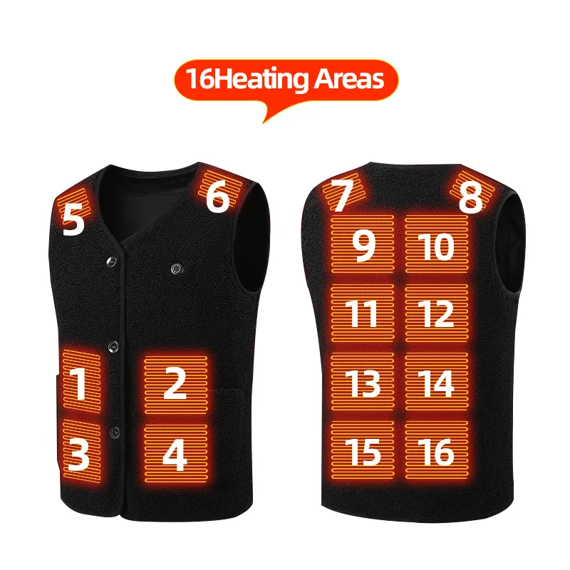 16 Areas Fleece Heated Vest Men USB Rechargeable Electric Self Heating Vest Women Heated Jacket Thermal Hunting Heated Clothes