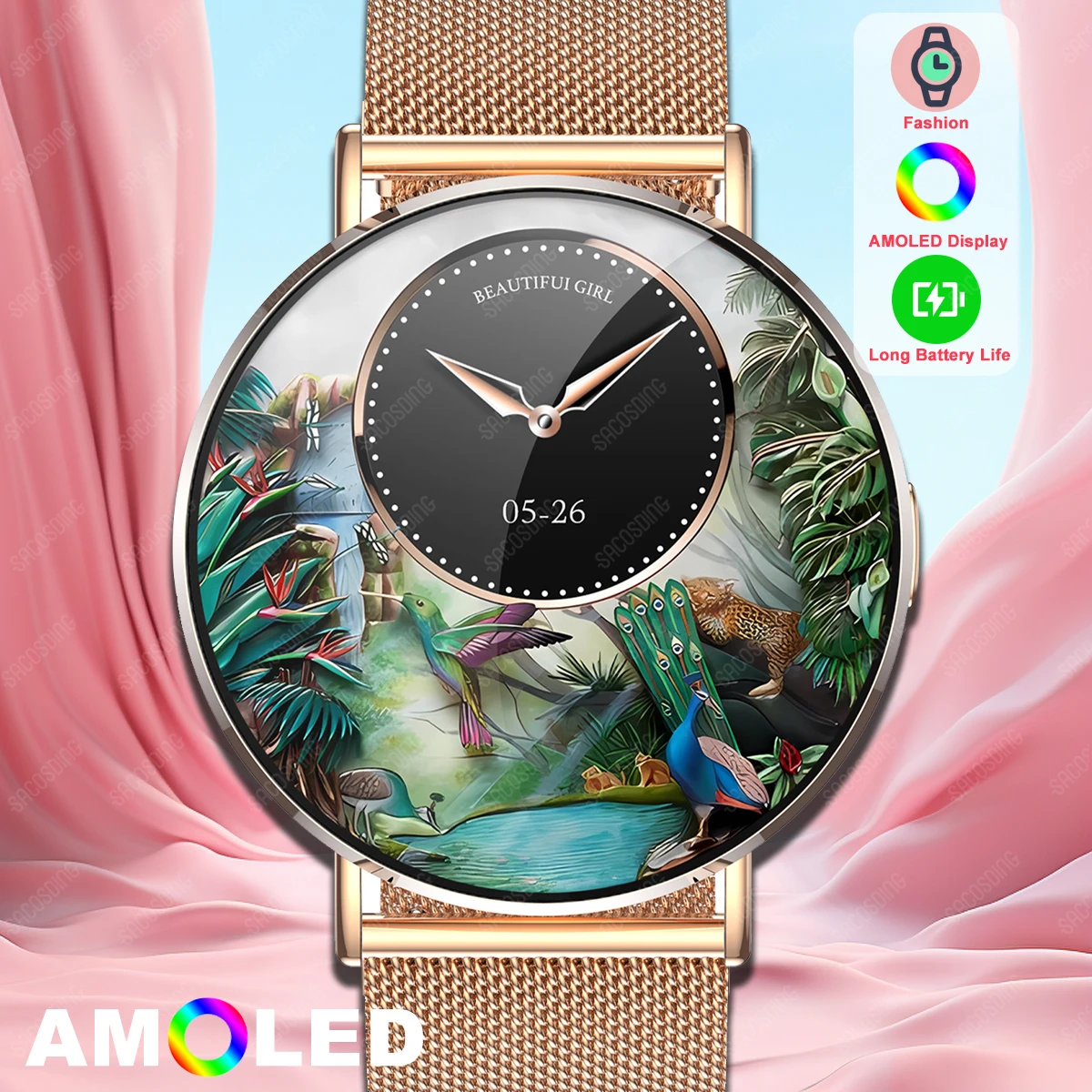 2024 New Fashion Ladies Smart Watch Slim AMOLED 3D Dynamic UI BT Call Health Monitor Wristwatch Fitness Tracker Women Smartwatch