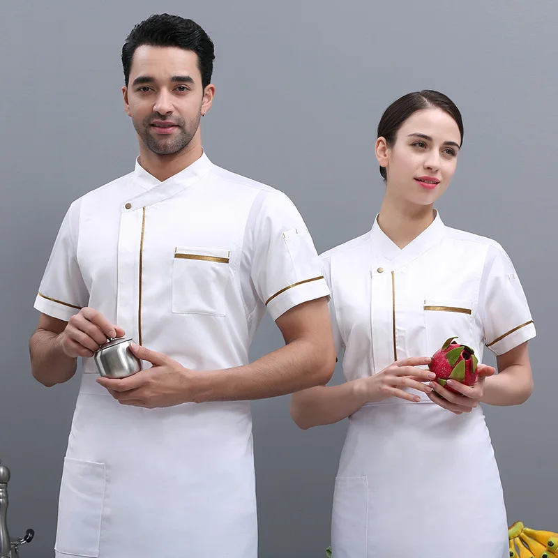 Unisex Chef Coat Short Sleeve Chef Jacket for Men Women Black White Blue Uniform Restaurant Kitchen Cooking Work Clothes