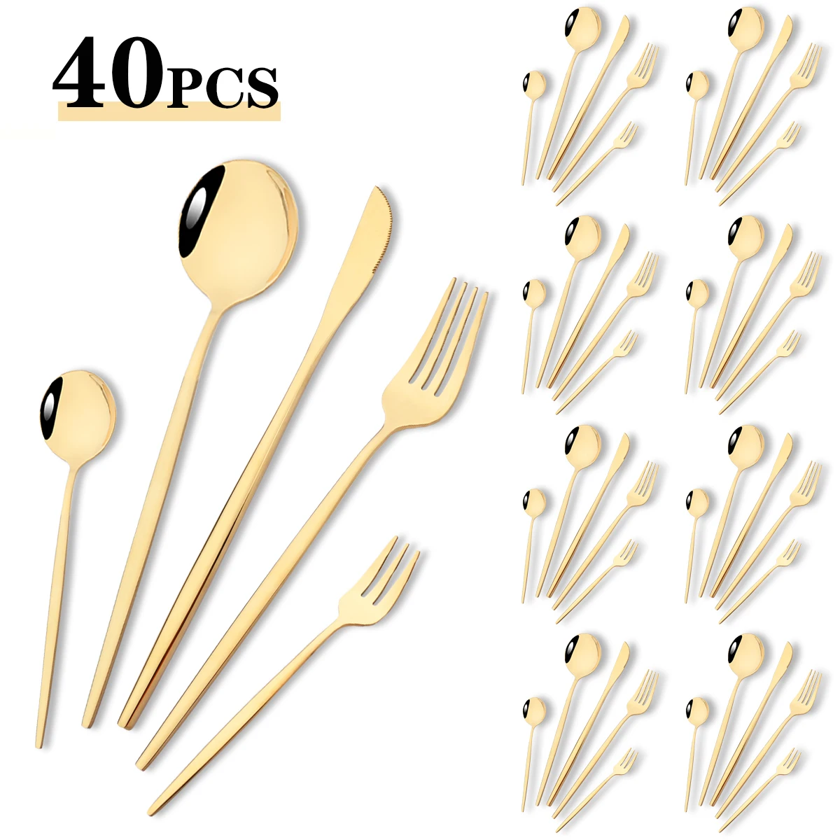 

40pcs Stainless Steel Cutlery Set Knife Spoon Fork Dinnerware Set Mirror Teaspoon Cake Fork Flatware Western Kitchen Tableware