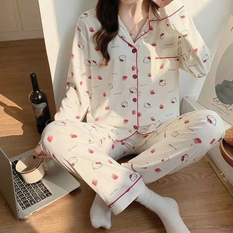 

Женские пижамные комплекты с лацканами Hello Kitty, кавайные студенческие пижамные комплекты с героями мультфильмов на весну и осень, длинные брюки с длинными рукавами, домашняя одежда для общежития