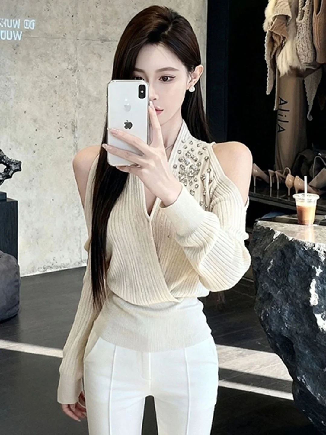 

Женский облегающий трикотажный топ Ele Heavy-Du с бриллиантовой отделкой, V-образным вырезом, длинными рукавами, мягкий, во французском стиле