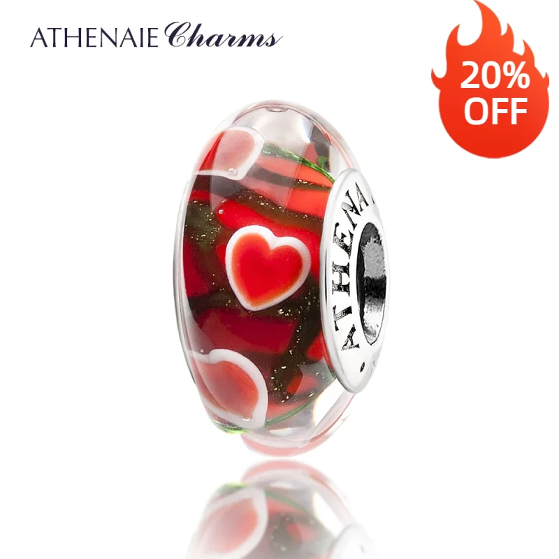 ATHENAIE Heart Murano Glass Beads 925 Silver Core Wandering Hearts Charms Beads Fit  European Charm Bracelets for Valentine'Day