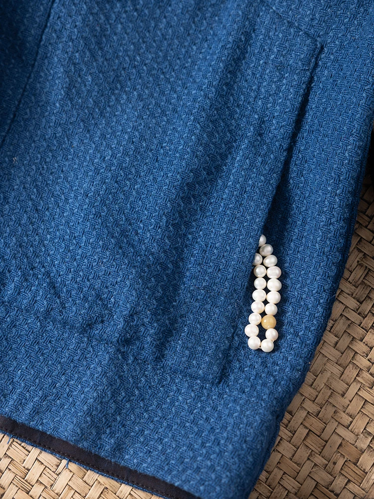 Double Sided Commuting Jacket with Blue Hidden Button 100% Natural Mulberry Silk Grid Design V-neck Hidden Button Jacket