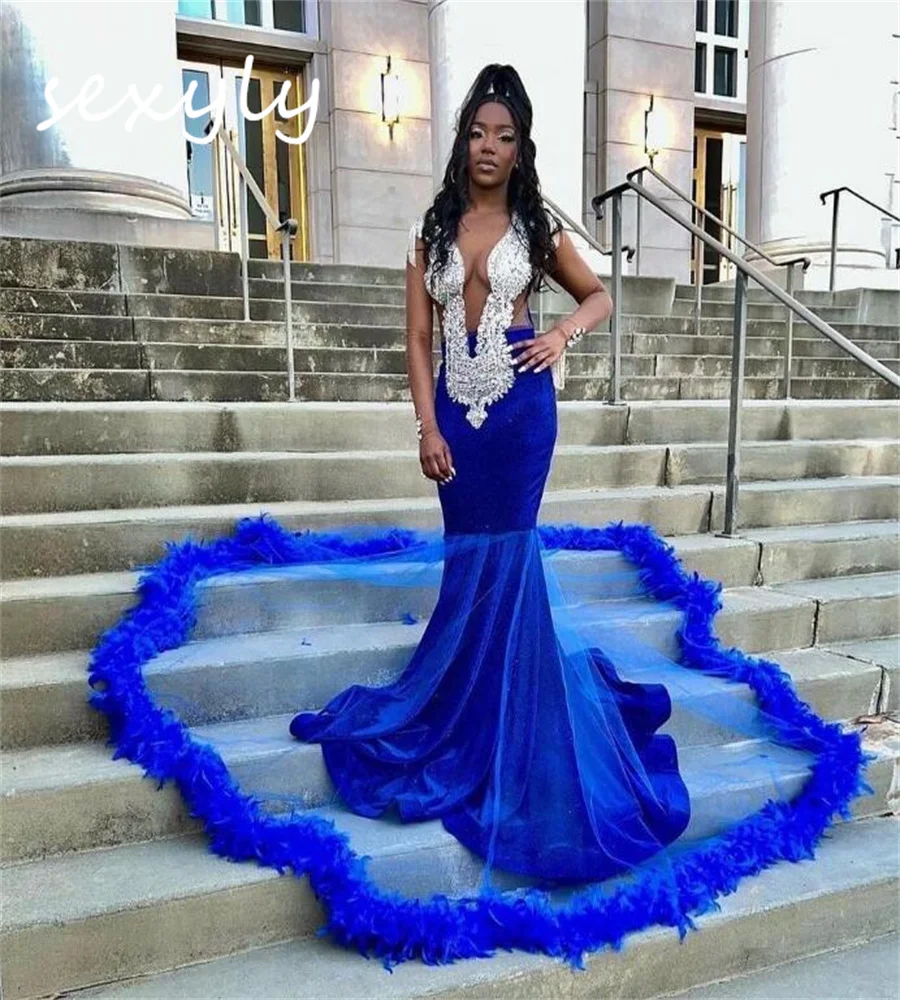 Vestido de fiesta de plumas azul real, vestido de noche de sirena negro de lujo para niñas, Aso Ebi, ocasión Formal sudafricana, cumpleaños personalizado