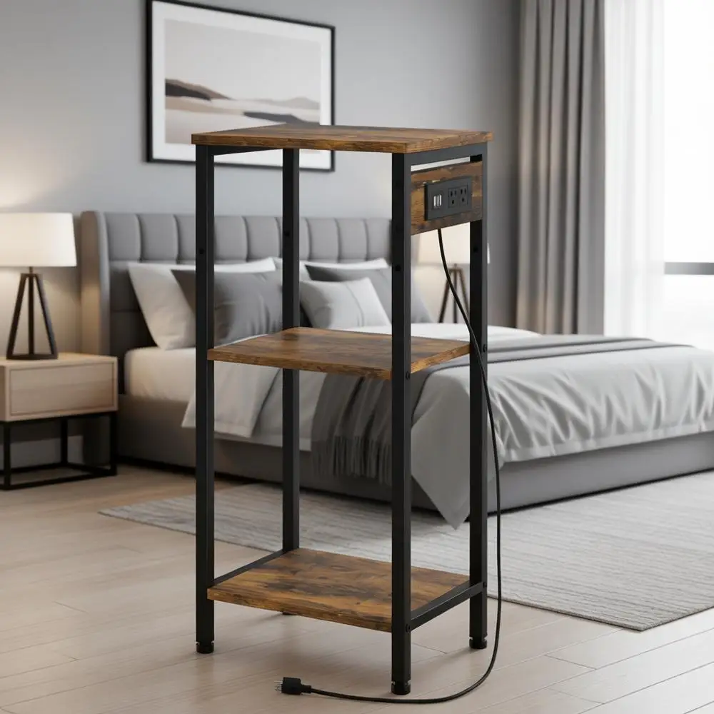 

Charging Station End Table, 3-Tier Storage Nightstand, USB & Outlet Side Table for Bedroom, Living Room, Office in Rustic Brown