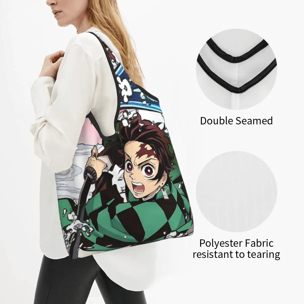 Demon Slayer Kimetsu No Yaiba Kamado Tanjirou Portable Tote Shopping Bags Foldable Shopper Bag Grocery Handbag Shoulder Bag