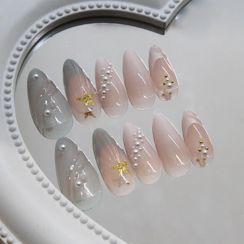 3Dフェイクネイル,フレンチスタイル,マーメイドスタイル,シェル,パール,ゴールドスター,デザイン,圧力ネイル,24個,夏