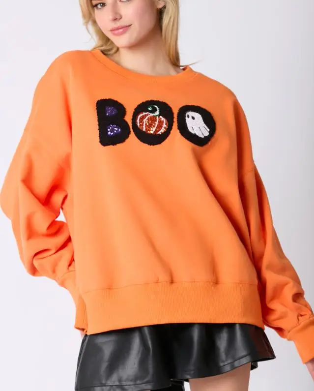 

Women s Halloween Long Sleeve Sweatshirt Pumpkin Letter Embroidered Drop Shoulder Round Neck Pullover