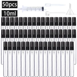 50개 4가지 액세서리 10ML 리필 가능한 유리 스프레이 병, 스프레이 병 50개, 스포이드 1개, 깔때기 1개, 디스펜서 디반 1개, 주사기 1개