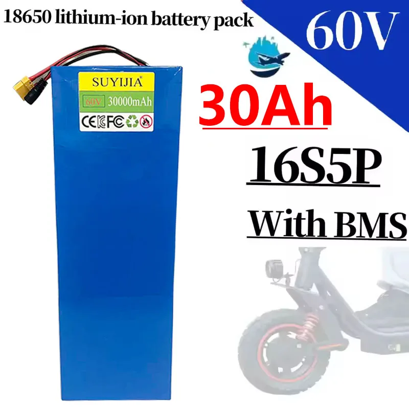 60V 16S5P 30Ah 18650 Rechargeable Li-ion Battery Pack 2000W High-power with BMS for Motorcycle, Scooter, Bicycle