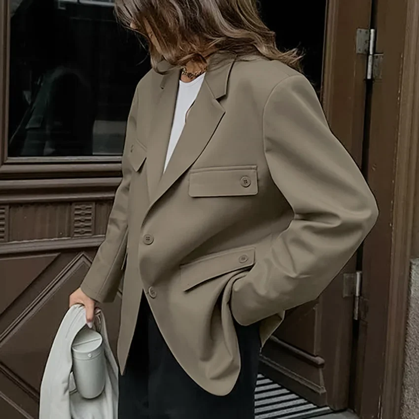 Blazer de peito único para mulheres, casaco solto, bolsos vintage de manga longa, casacos femininos, jaqueta chique, moda