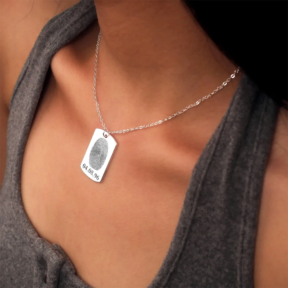 قلادة مخصصة بصمة للرجال والنساء ، الفولاذ المقاوم للصدأ ، لوحة معدنية مربعة ، قلادة التاريخ ، هدية الذكرى #2