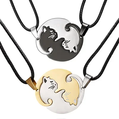 

Animal Pendant Black White Cat Stitching Necklace Simple Friendship Gift Heart Shape Gold White Cat Cute Couple Jewelry Necklace