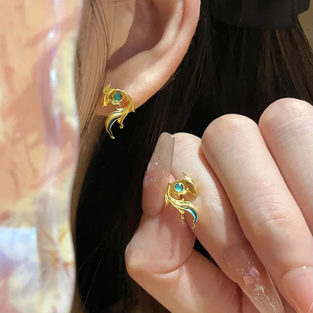 New in Art Blue Green Enamel glossy flying fish earrings for women   rings necklace Retro Classical Wedding Jewelry Sets