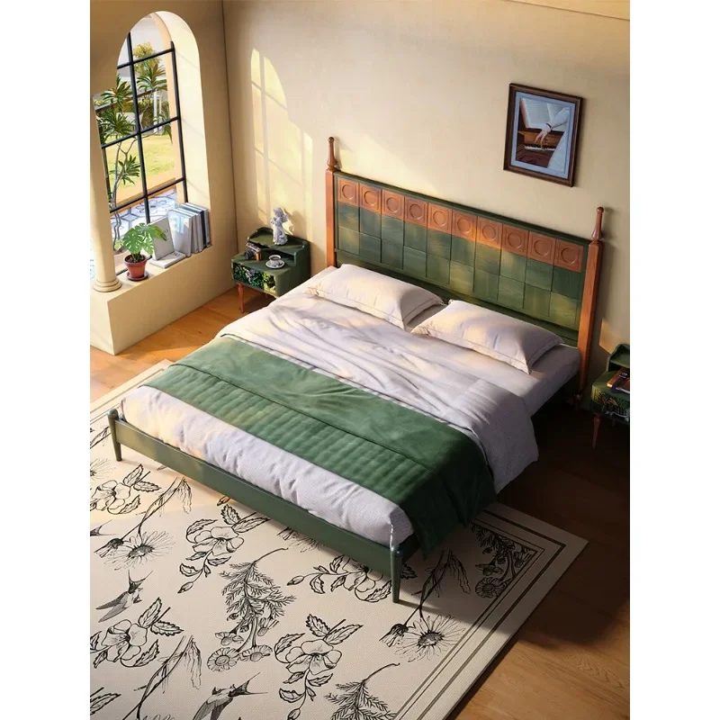 French medieval solid wood bed, small master bedroom simple ash wood bed, master bedroom retro double 1.8m wedding bed