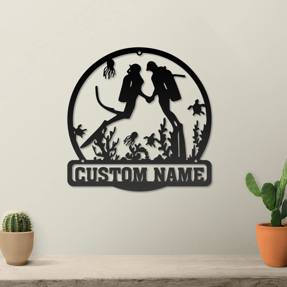 

1pc hot sale couple diver Customized Name Metal Wall Signs Iron Wall Plaque For Living Room Decor