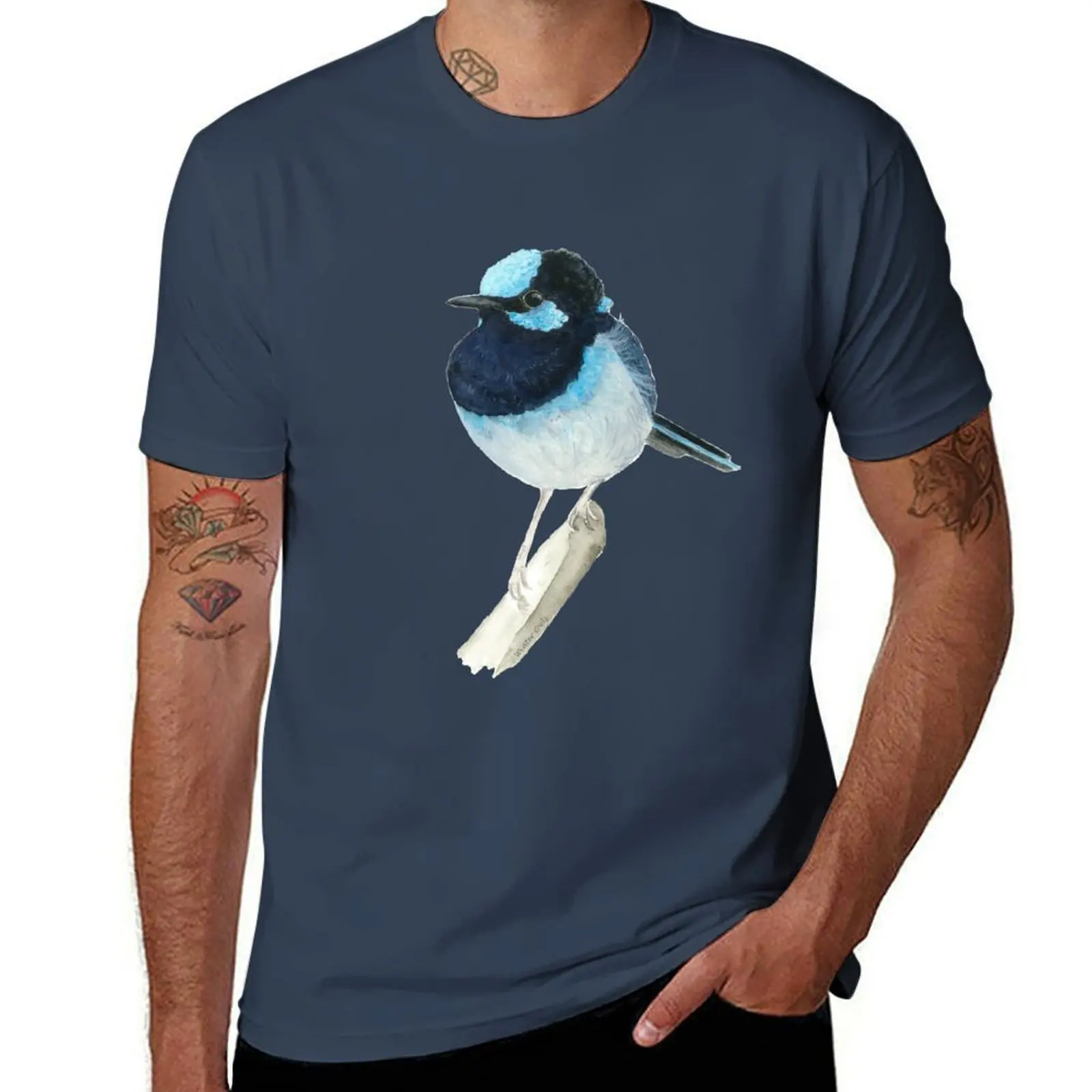 

Superb Blue Fairy Wren, Australian Native Bird Watercolour T-Shirt cotton t shirt pack T-Shirt
