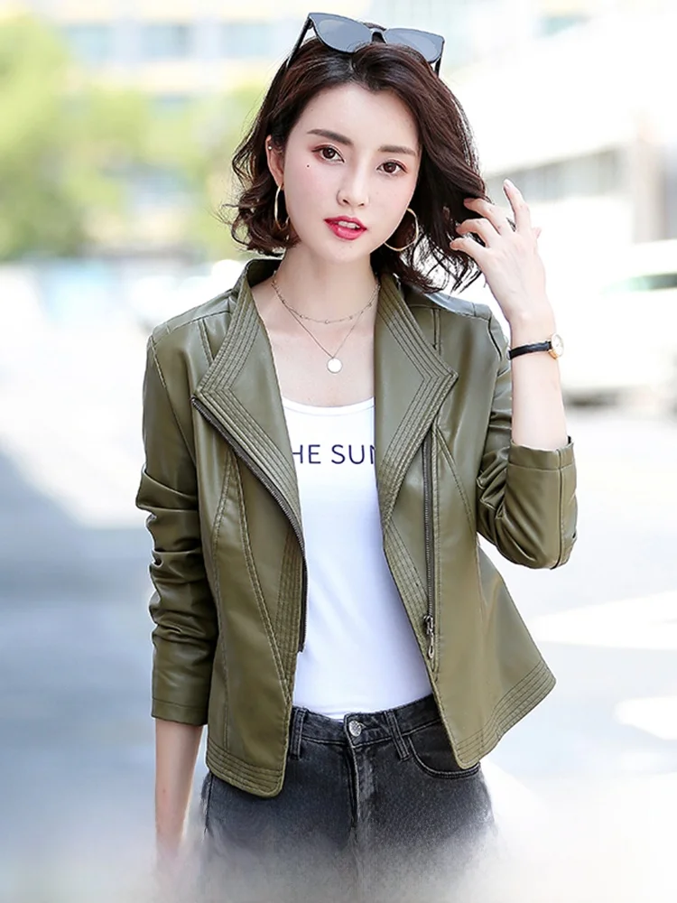 

Новая женская кожаная куртка из овчины большого размера, весна 2025, приталенная, с воротником-стойкой, на молнии, с длинными рукавами