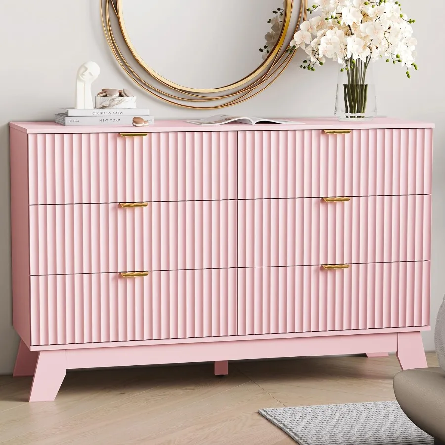 6 Drawer Dresser for Bedroom Fluted Dressers Chest of Drawers with Gold Handle Mid Century Modern Dresser for Closet Wood Close