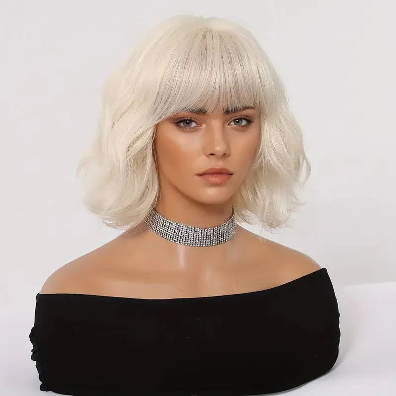 Short Platinum Blonde Wavy Synthetic Wigs with Bangs for Women Blonde Bob Cosplay Party Lolita Wig Heat Resistant Natural Hair