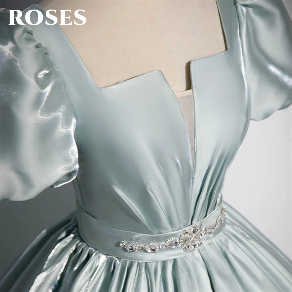 ROSES Light Blue Chic Woman Evening Dress Gown Stain Short Sleeve A Line Ball Gown Lace Up Back Night Dress Gown robes de soirée