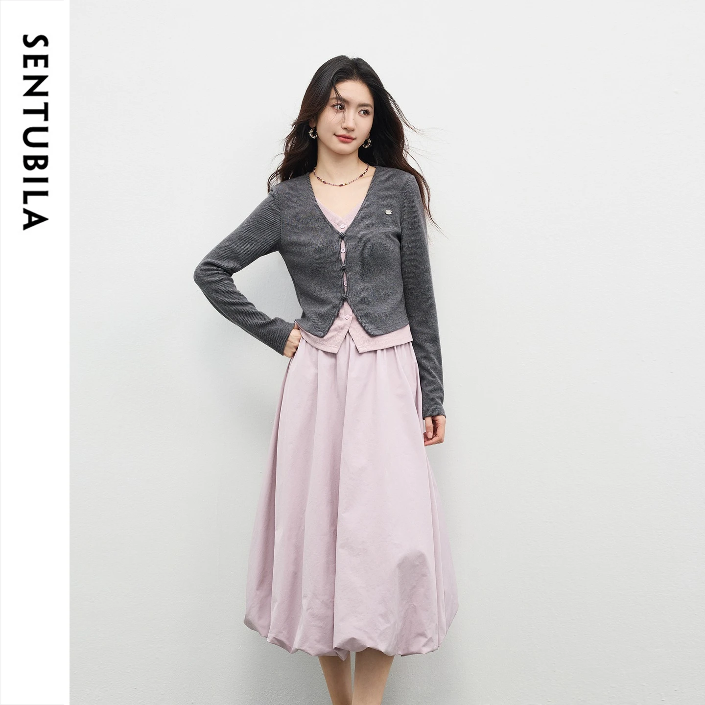 SENTUBILA Two Piece Matching Set Women Autumn Outfit 2026 Lady Color Block Knit Top Elastic Waist A Line Bubble Skirt 161ZF5916Z