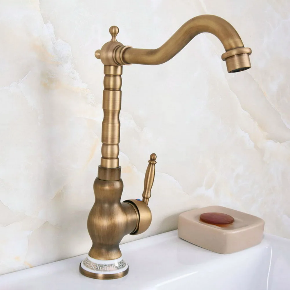 

Antique Brass Retro Kitchen Faucet Deck Mounted Kitchen Sink Mixer Bathroom Faucet Single Handle Hole Rotatable Taps Lnf611