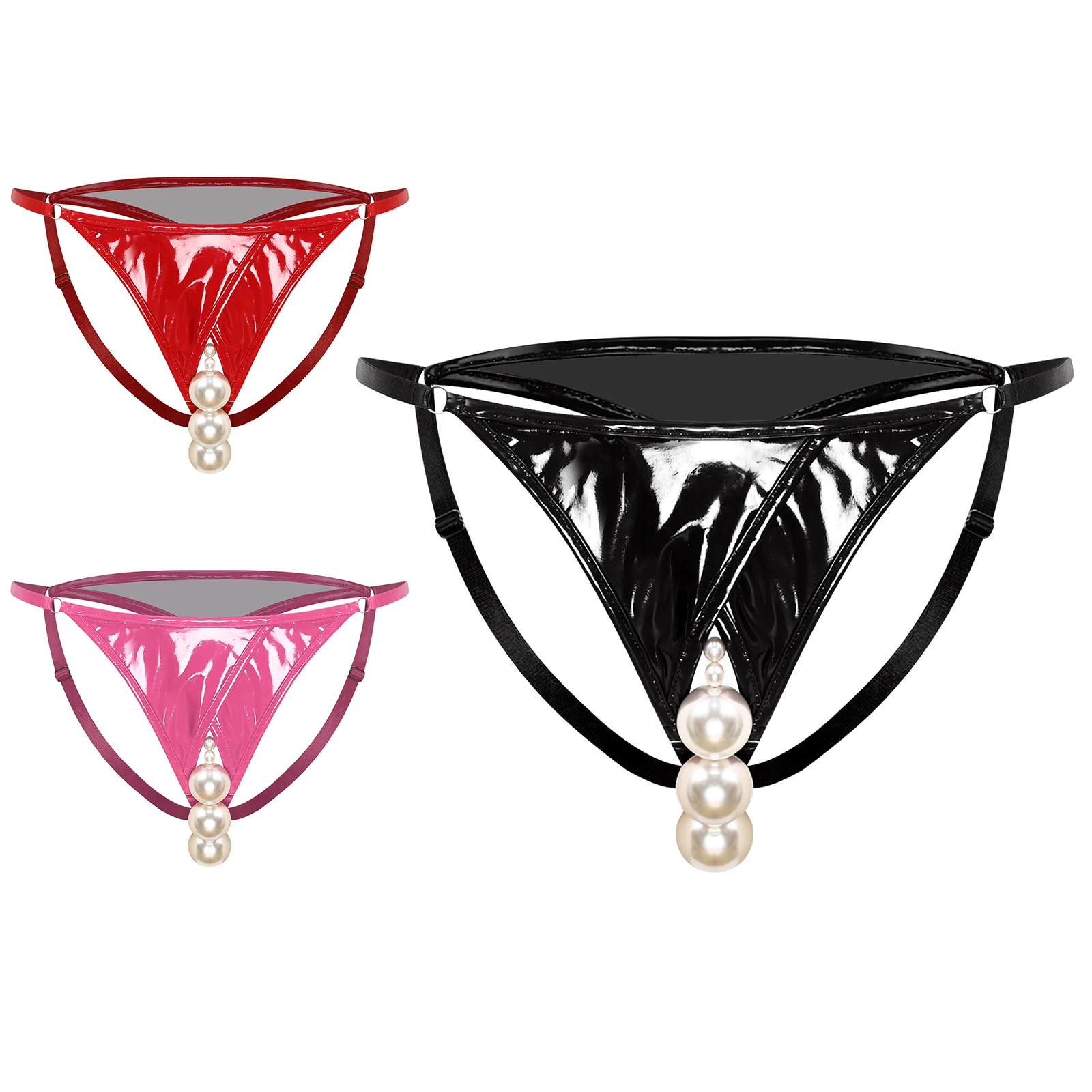 

Women Wet Look Patent Leather Patchwork Faux Pearls Thongs Low Rise Elastic Waistband Cutout Crotch T-back Lingerie Underwear