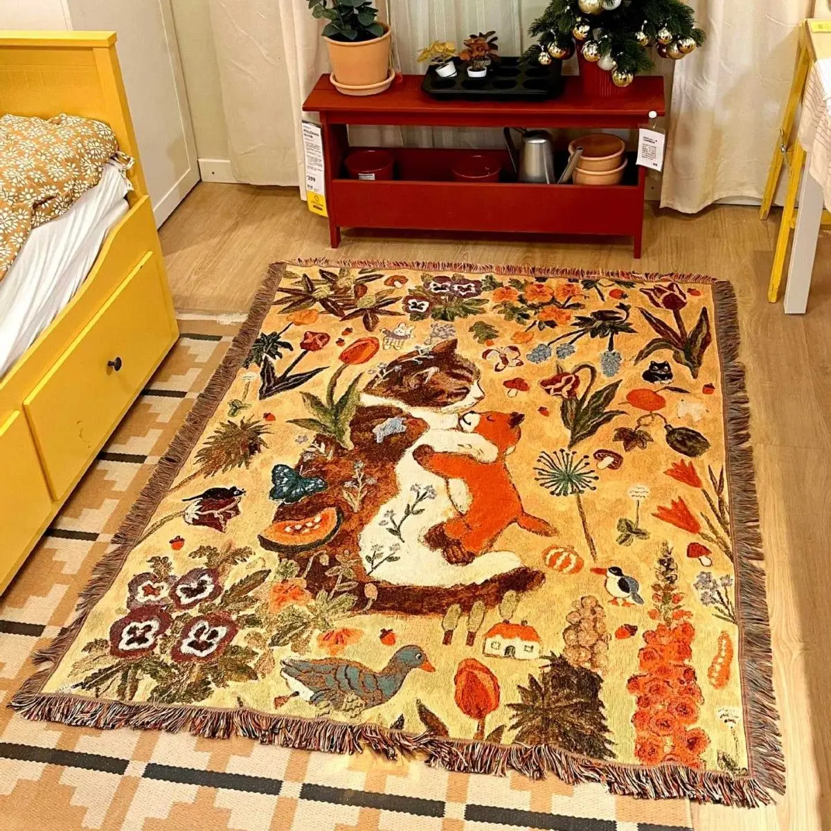 

Mid-Century Cute Cat & Bear Throw - Single Sofa Blanket & Bedhead Wall Hanging, Decorative Cover Art 130x160cm