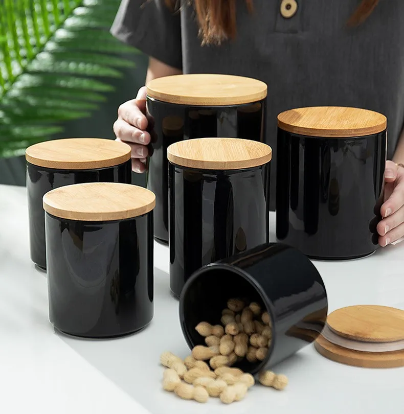 500/800/1900ml Ceramic Food Storage Containers Coffee Bean Storage with Bamboo Lid Kitchen Storage Container Kitchen Organizer