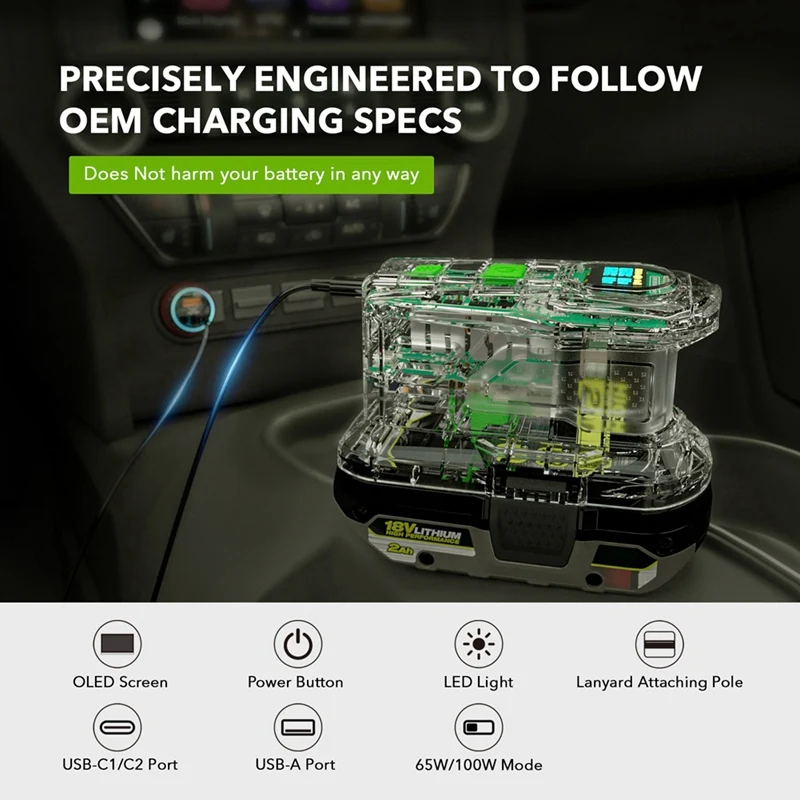 Fast Charger For RYOBI 18V ONE+ Battery Recharger Lithium Battery 100W Fast Charge USB Port Two-Way Charger PSC