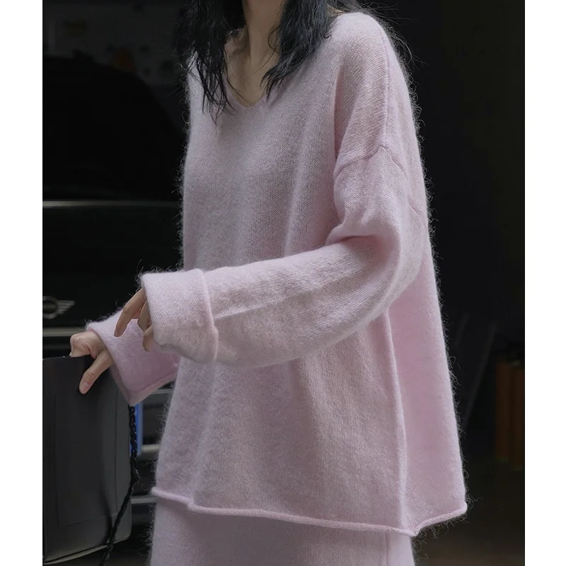 Women Solid Mohair Wool Sweaters Ladies Loose Long Sleeve Thin Knitwear 2024 Spring Autumn Korean Fashion Knitted Tops