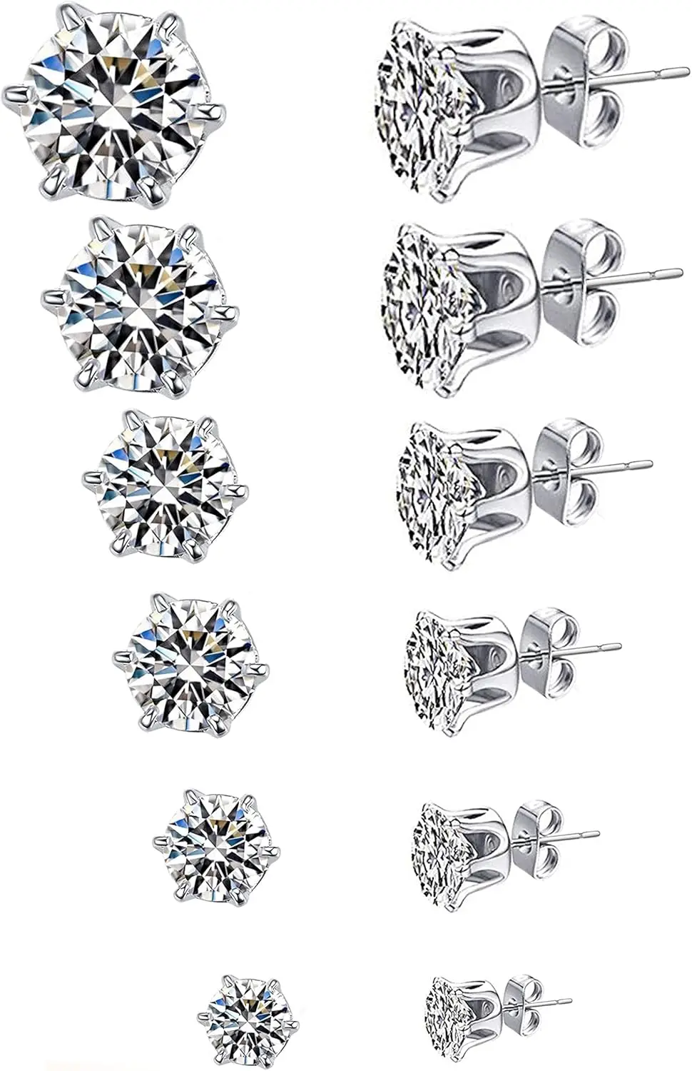

316L Stainless Steel Stud Earrings, Clear Cubic Zirconia, 3-8mm, Hypoallergenic, Silver