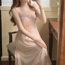 Female Long Nightgown Retro Palace Style Nightdress Sleepwear Spring Summer New Mesh Retro Palace Style Nightwear Home Dress