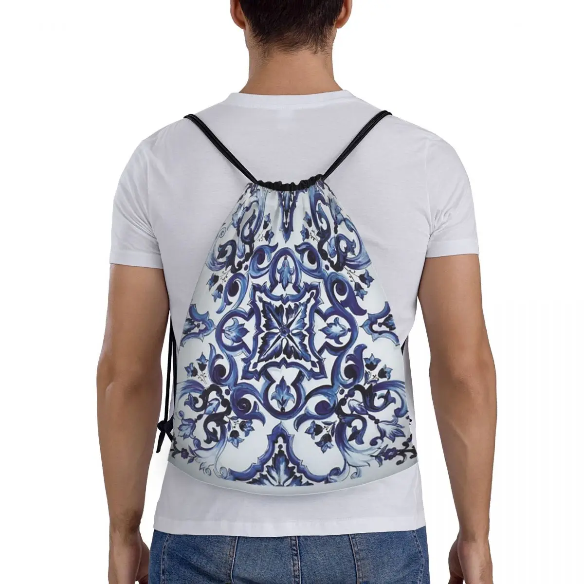 Blue Ornate Floral Mediterranean Sicilian Tile Backpacks Casual Drawstring Bundle Pocket Sundries Bag Book Bags