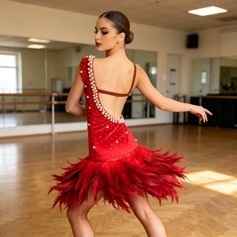 Latin Dancing Dress Women Advanced FeatherTango Rumba Samba Latin Skirt Elegant Red Sexy Latin Competition Dance Dresses