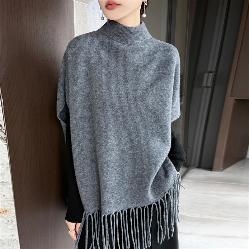 Hot Sale Women's 100% Wool Sweater Short Sleeve Pullover Autumn Fringed Cloak Shawl Spring Female Large Size Knit Vest Warm Outw