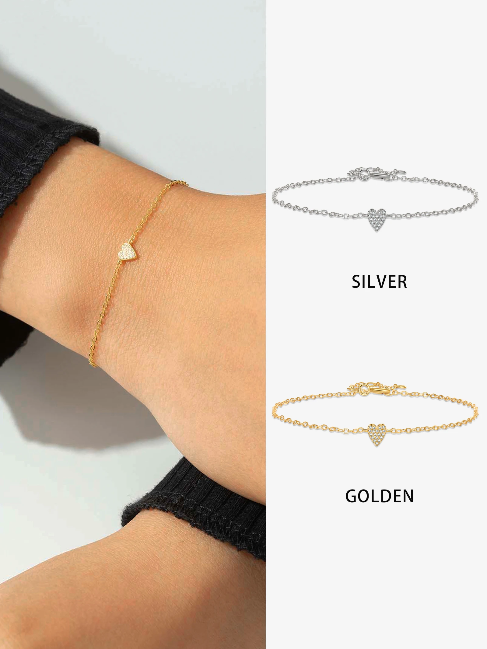 

ANDYWEN 925 Sterling Silver 5mm Heart Shaped Zircon Pave CZ Charm Bracelet Chain - Luxury Fine Jewelry with Crystal Elements