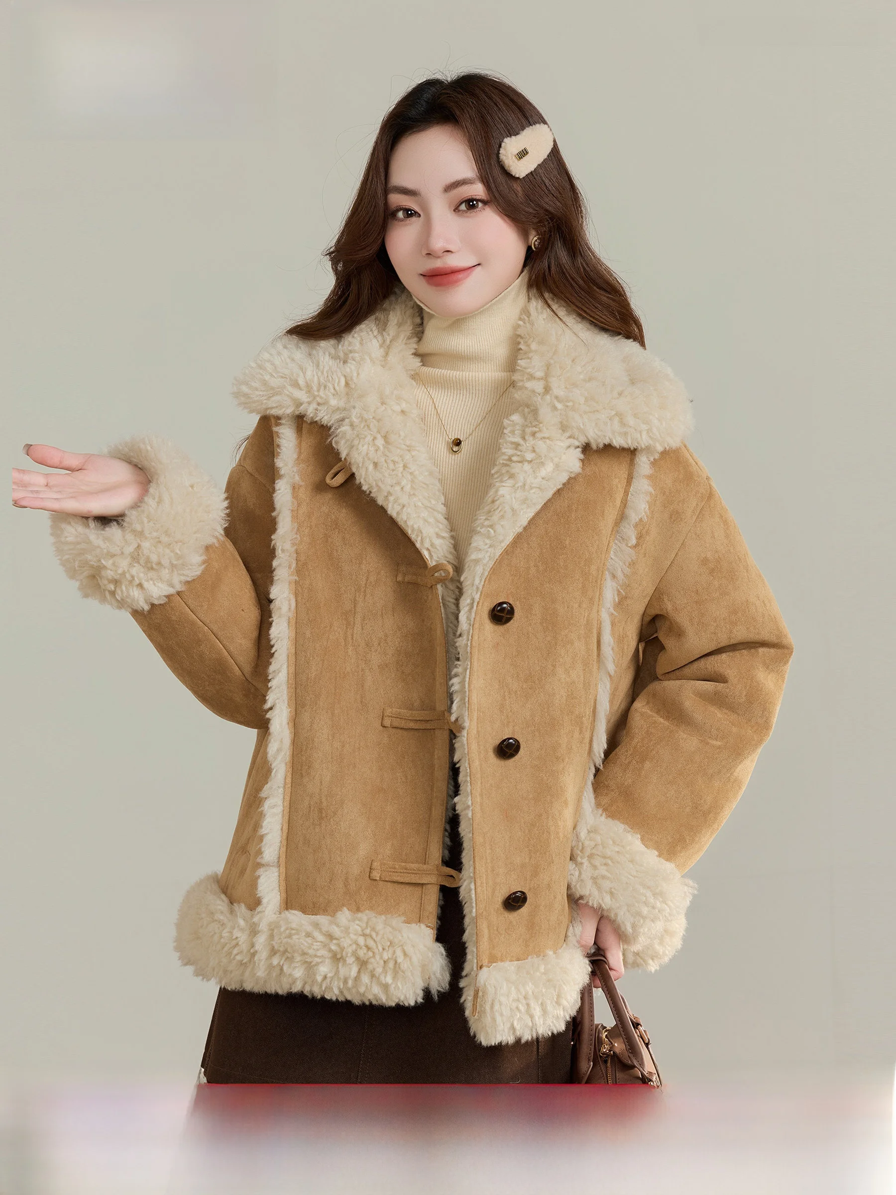 

Warm Suede Jacket for Women Thickened Spring Unique Beautiful Small Size Lingjiu Sweet Style Elastic Fiber Long Sleeve Coat
