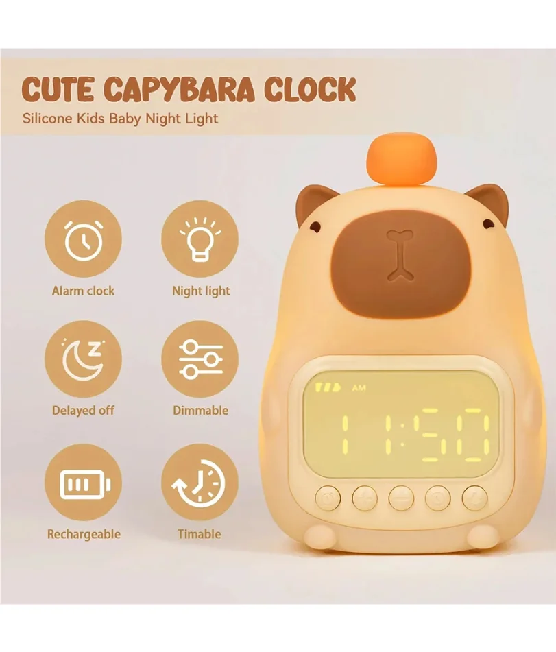 Capybara LED Alarm Clock Digital Rechargeable Multi-functional Timer Dimmable Bedside Table Lamp USB Charge Kids Gift Desk Decor