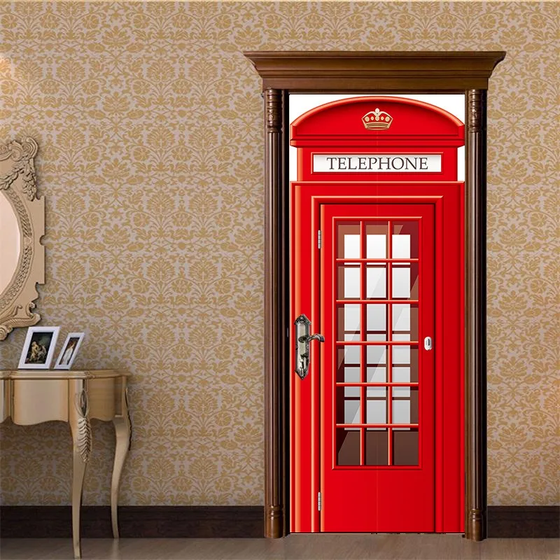 

Adhesive Blue Black White Red Pink Green Container Telephone Booth Door Sticker Wallpaper 3D Living Room Bed Door Mural Sticker